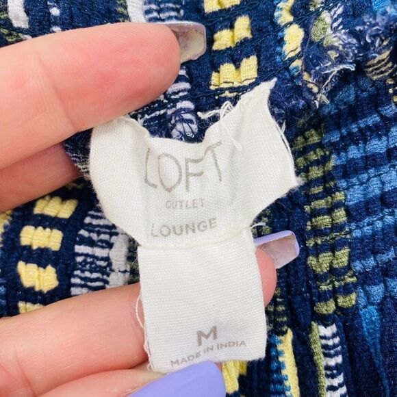 LOFT Lounge Size Medium Blue & Yellow Striped Off The Shoulder Romper w/ Pockets - Picture 7 of 10